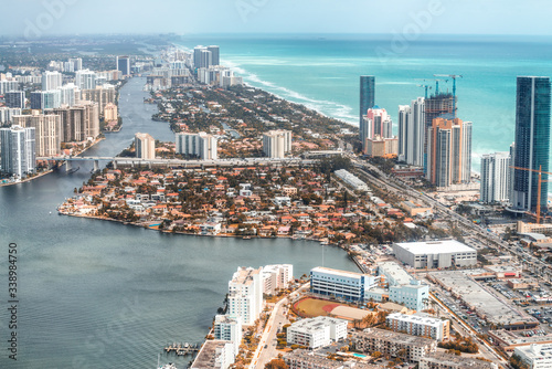 William Lehman Causeway and Dumfounding Bay in Miami Beach. Amazing aerial view from helicopter photo