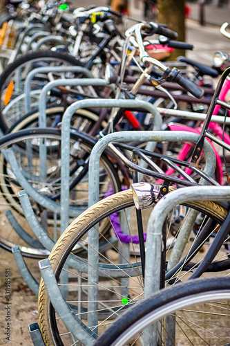 Holland Traveling. Line of Traditional Bicycles in Amsterdam in the Netherlands.