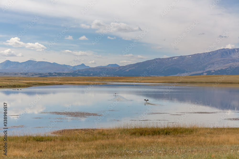 Typical view of Mongolian landscape. Mongolian Altai, Mongolia, Beautiful mountain landscape, lake and mountain range