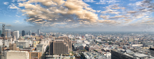 Panoramic aerial view of Downtown Los Angeles at sunset, California, USA