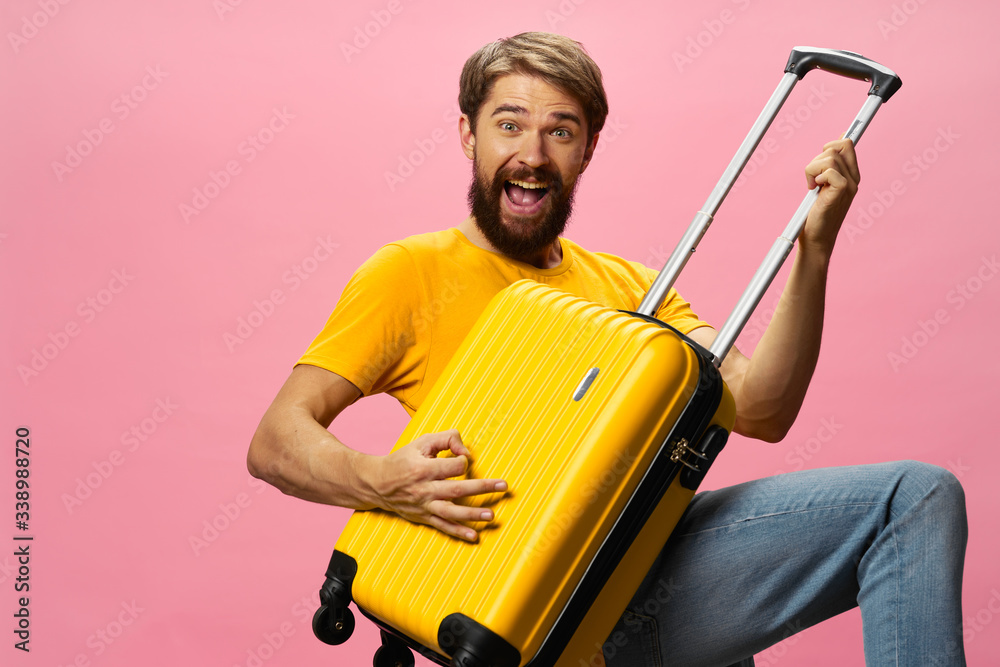 Cheerful man tourist travel vacation suitcase airport flight Cheerful man tourist travel vacation suitcase airport flight