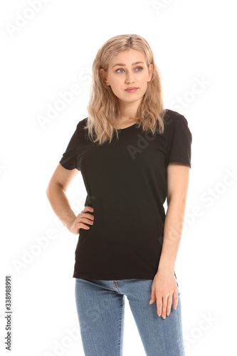 Woman in stylish t-shirt on...