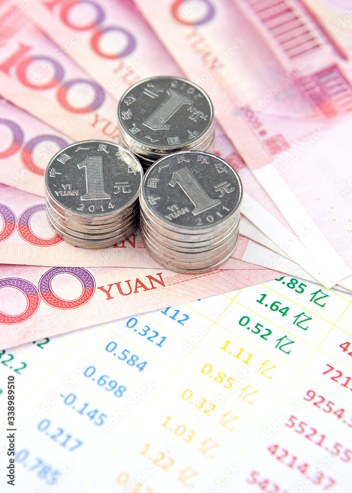 Coins,chinese banknotes and business bill Coins,chinese banknotes and business bill