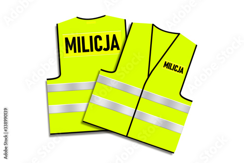 Bright green – yellow Polish traffic Milicja vest on a white isolated background. Back and front view. Concept illustration.  Black text design logo. Traffic vest with stripes reflecting the light. photo