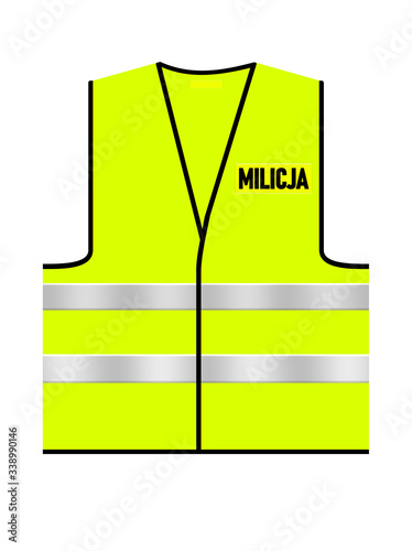 Bright green – yellow Polish traffic Milicja vest on a white isolated background. Front view. Concept illustration.  Black text design logo. Traffic vest with stripes reflecting the light. photo