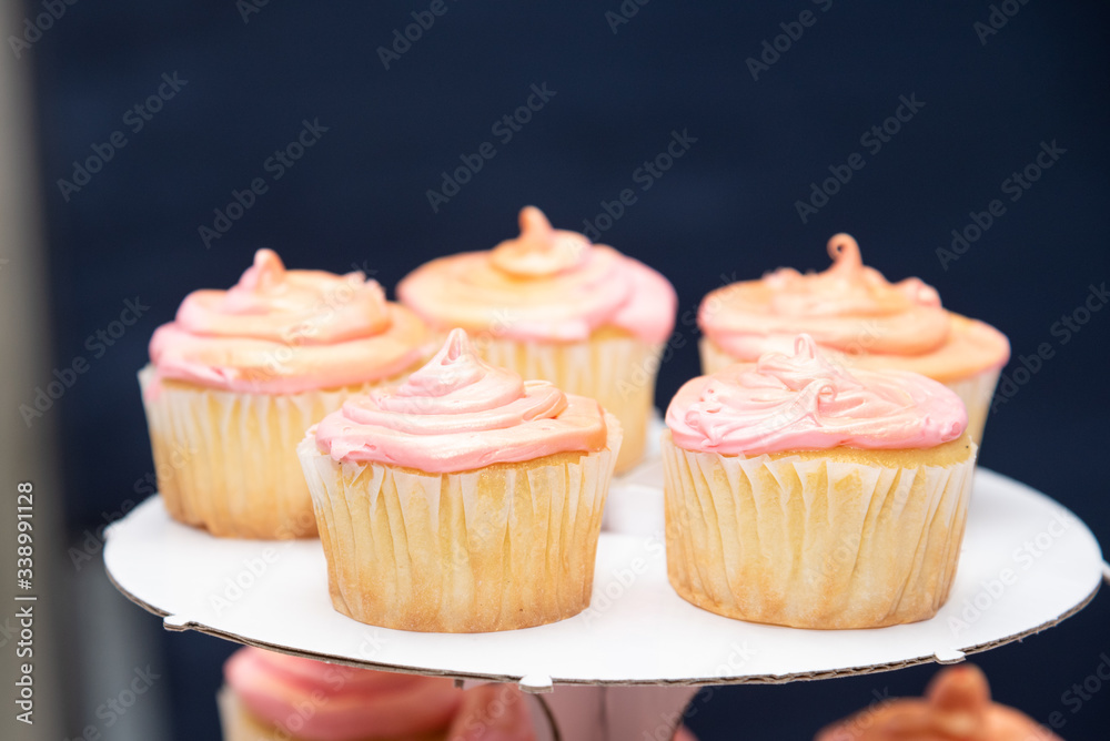 Cupcakes with pink icing and edible golden dust on top.