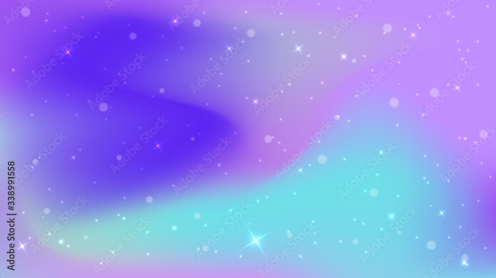 Obraz premium Bokeh or blur abstract circles with star light shapes violet, pink and turquoise on gradient background