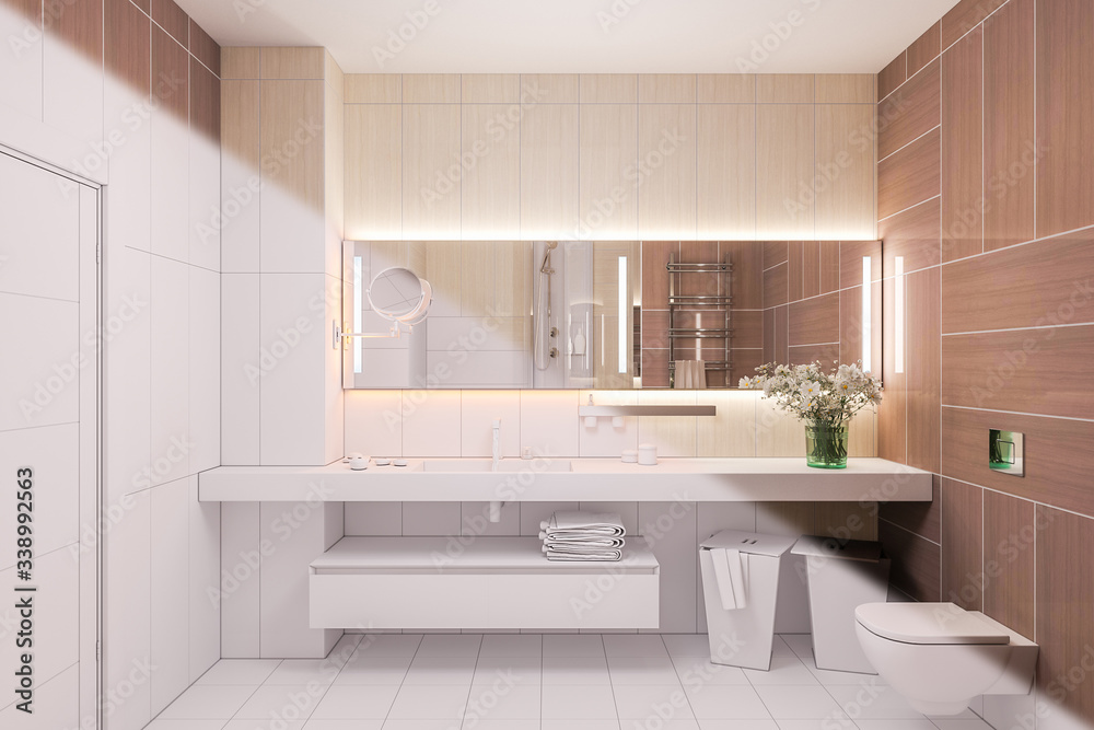 3d render interior design of a modern bathroom with a large mirror 3d render interior design of a modern bathroom with a large mirror