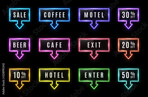 Glowing neon arrow sign set on black background. Motel cafe beer sale enter exit coffee light bulbs pointer. Sale direction symbol. Discount signboard for 10 off 20, 30, 50. Bright vector illustration