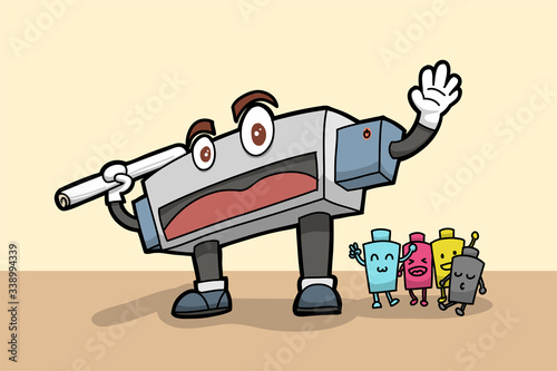 A team of Printer and CMYK ink bottles. Drawing vector with layers of cartoon. Industry machine but soft and cute by comic style.