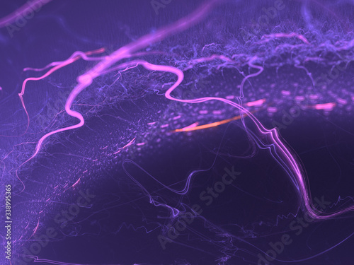 Abstract Illustration - Strings of Chaotic Plasma Energy, Colorful Fractal Multicolor Lightning, Energy Discharge, Scientific Plasma Study. Digital Flames, Artistic Design