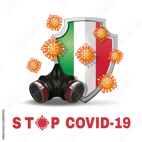 Respirator and coronavirus bacteria on the background of a shield with the image of the flag of Italy. Stop coronavirus Covid-19 concept design. Vector illustration