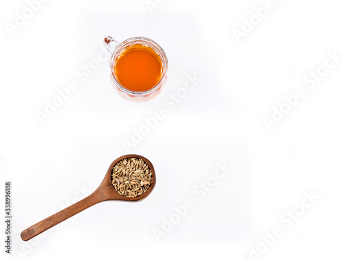 Herbal infusion fennel tea in glass cup and glass tea - Foeniculum vulgare photo