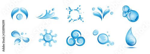 Water Splash Vector And Drop Set - Isolated On White. Vector Collection Of Flat Water Splash and Drop Logo. Icons For Droplet, Water Wave, Rain, Raindrop, Company Logo And Bubble Design