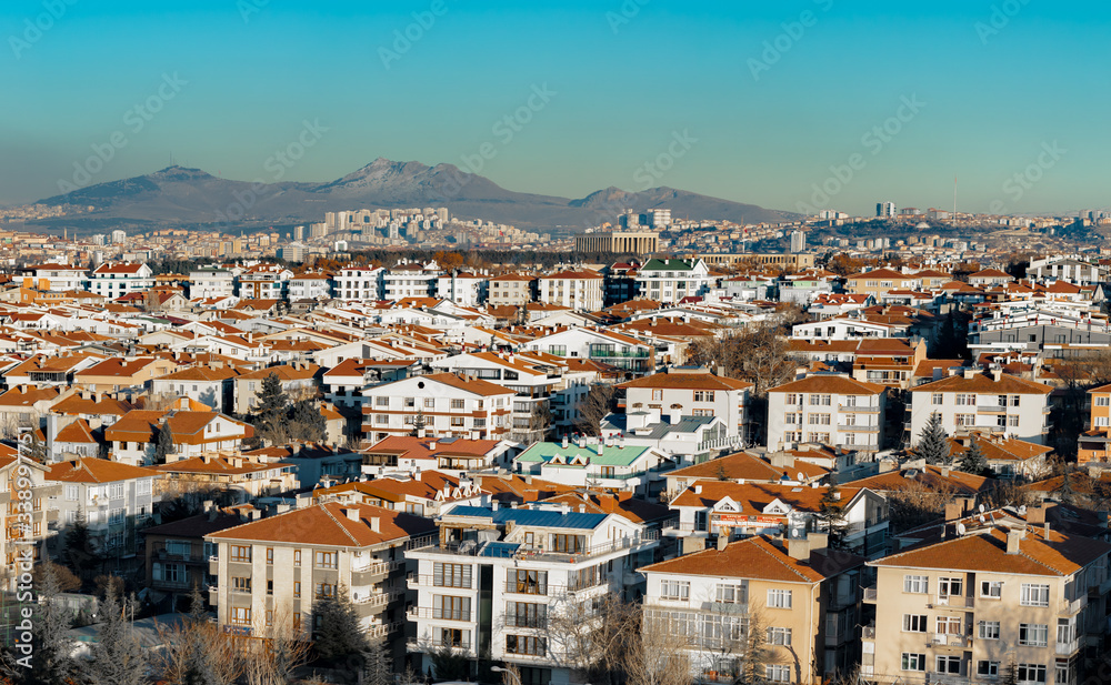 View of Ankara, Anitkabir, Turkey, City Buildings and a Mountain