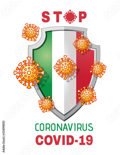 Viruses attack shield with flag of Italy. Stop coronavirus Covid-19. Protecting Italy from the epidemic of coronavirus concept design. Vector illustration