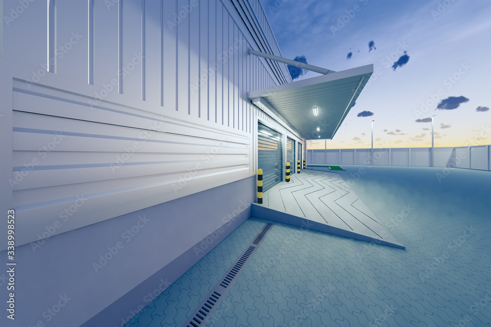 Obraz premium Industrial or commercial building. Use as factory, warehouse, hangar and workplace. Protection with security door, roller door or roller shutter. Outdoor floor paving with brick stone. 3d render.