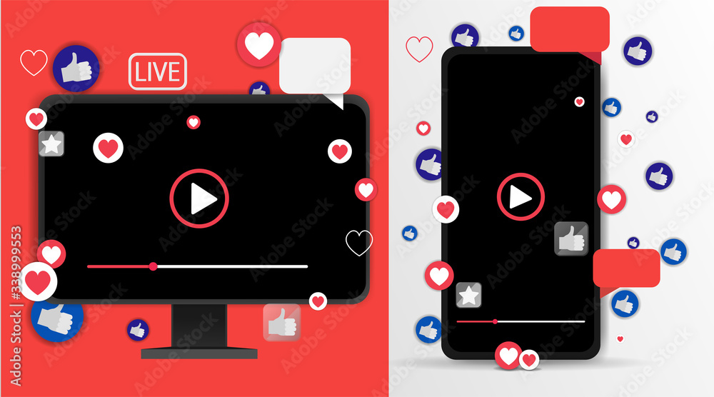 Video screen play button, Streaming preview template, 3d with likes and hearts, happy live, social media concept with media icons Video screen play button, Streaming preview template, 3d with likes and hearts, happy live, social media concept with media icons