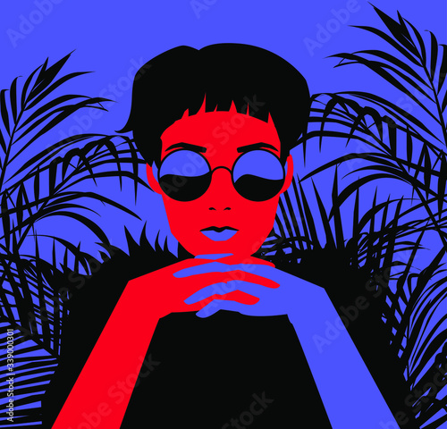 Bohemian artsy hipster woman surrounded by palm leaves. Fashion vector illustration in minimalist simple style.