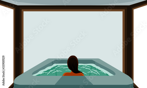 a woman sitting back in the jacuzzi bath and enjoy the view outside illustration