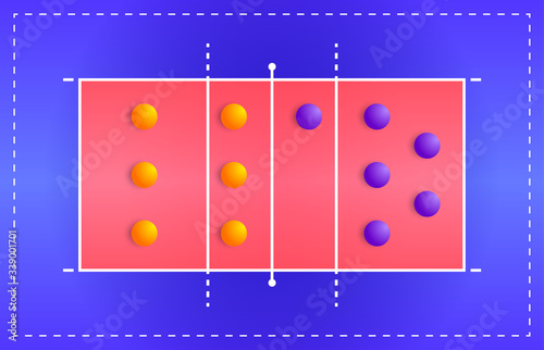 Volleyball court with a tactical scheme of the arrangement of players of two teams on the playground, plan of a game diagram for a fantasy league coach board