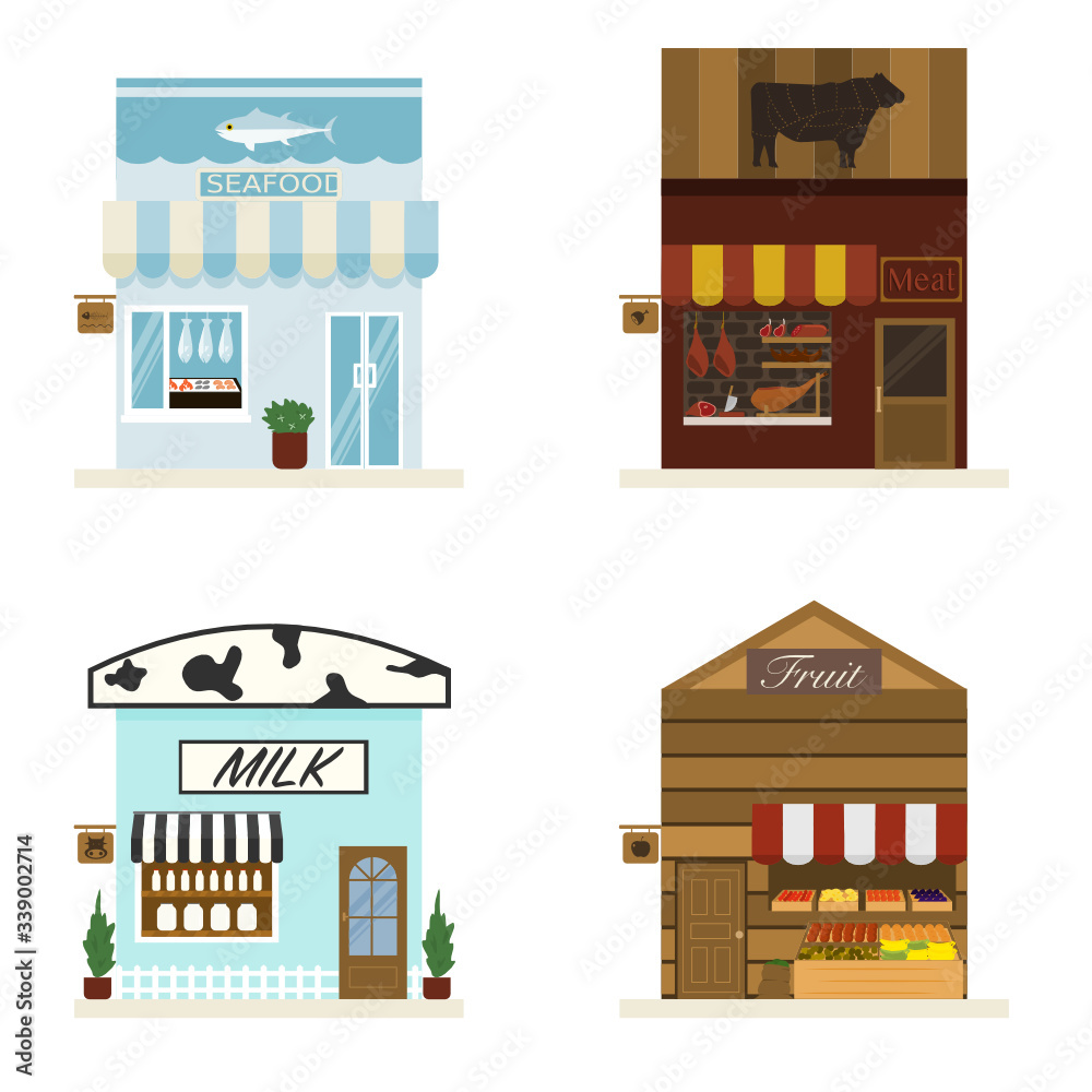 Set of stores and shop building. seafood, meat,  beef, milk, dairy, fruit. vector illustration.