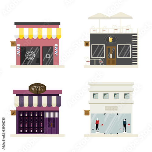 Wallpaper Mural Set of stores and shop building. Hair salon, Bar, wine, Fashionable clothes. vector illustration. Torontodigital.ca