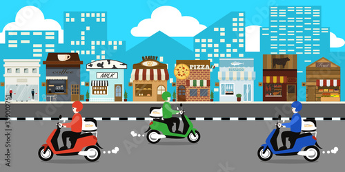 Delivery mans riding motorcycle shipping order to customer in the urban during people in quarantine. vector illustration. © Nikhom