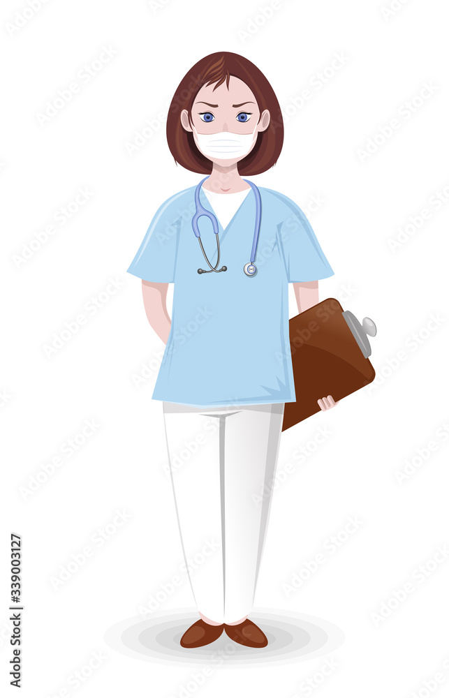Young cute nurse in a medical mask. Female doctor with a stethoscope. Vector illustration Young cute nurse in a medical mask. Female doctor with a stethoscope. Vector illustration