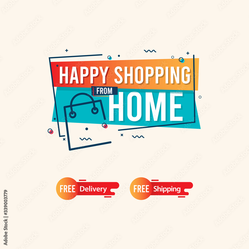Obraz premium Happy Shopping From Home Logo Label Tag Vector Template Design Illustration