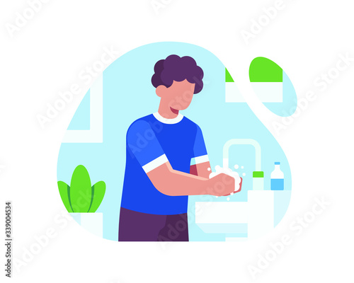 Coronavirus Prevention Illustration. A Man Washing His Hands In The Sink Using Soap.