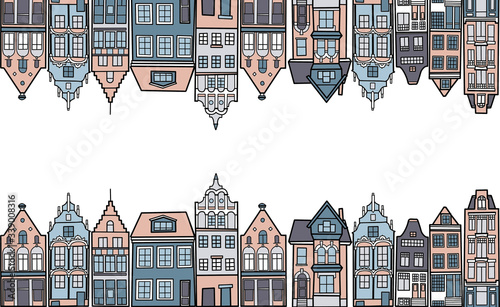 Set of European houses, European-style street, reflection of houses in the sky, fashionable flat illustration
