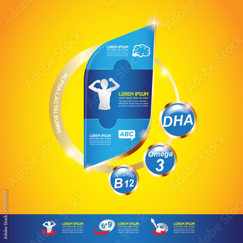 Nutrition Vitamin and Omega vector Concept for Product Strengthen the body and intelligence
