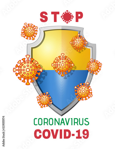 Viruses attack shield with flag of Ukraine. Stop coronavirus Covid-19. Protecting Ukraine from the epidemic of coronavirus concept design. Vector illustration