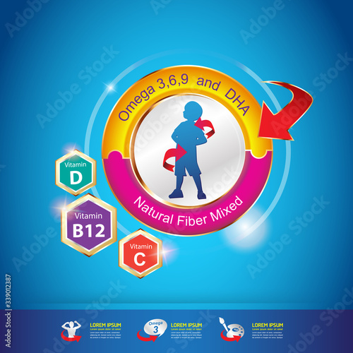 Nutrition Vitamin and Omega vector Concept for Product Strengthen the body and intelligence