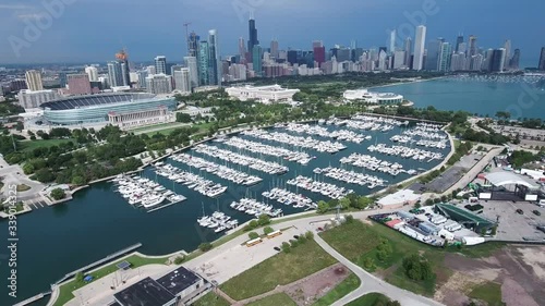 Chicago, Illinois lakefront aerial seen from the shores of Lake Michigan in late summer