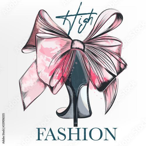 Fashion vector illustration with female elegant shoe and bow in watercolor style