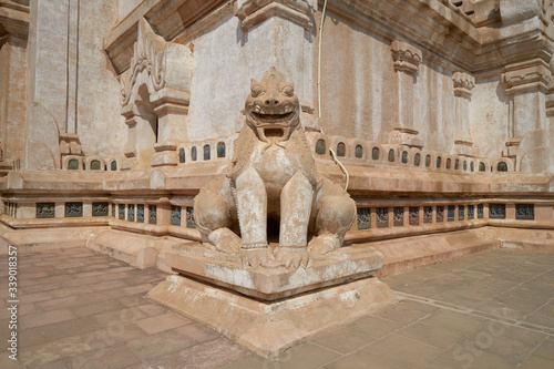 Sculpture of a guardian lion in the Ananda Temple, old Bagan, Myanmar, Burma.