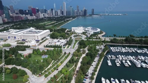 Chicago, Illinois lakefront aerial seen from the shores of Lake Michigan in late summer