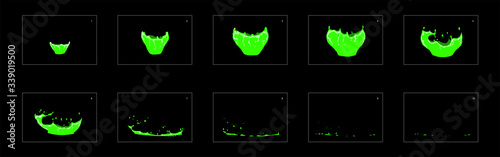 Green liquid splashes animation sprite sheet. cartoon splash frame by frame classic effect for animation, cartoon video, motion or design.