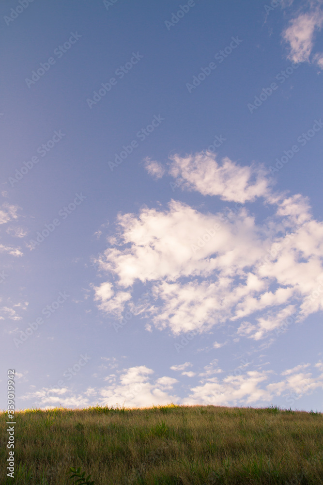 summer sky and high altocumulus) clouds landscape and plane horizon field of grass