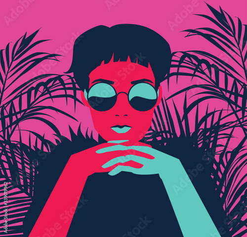 Bohemian artsy hipster woman surrounded by palm leaves. Fashion vector illustration in minimalist simple style.