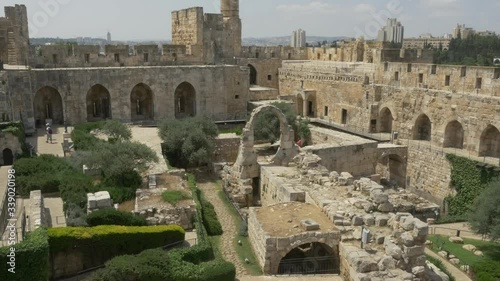 JERUSALEM, ISRAEL - MAY 18, 2016: Panoramic view of the archaeological finds in courtyard and Ottoman minaret of the Tower of David located near the Jaffa Gate entrance of the Old City.