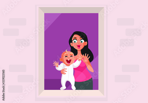 Happy Mother and Baby Looking Out the Window Cartoon