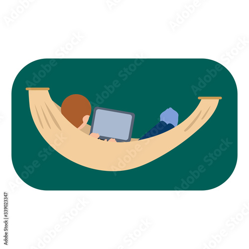 Man businessman sitting in hammock and working with his laptop computer. place for work. isolated vector illustration