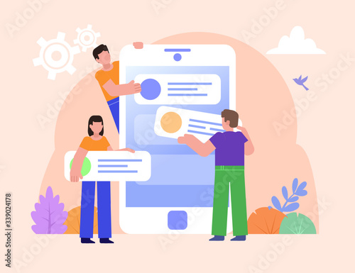 Phone app creation process, web studio, agency. Group of people stand near big phone. Poster for social media, web page, banner, presentation. Flat design vector illustration