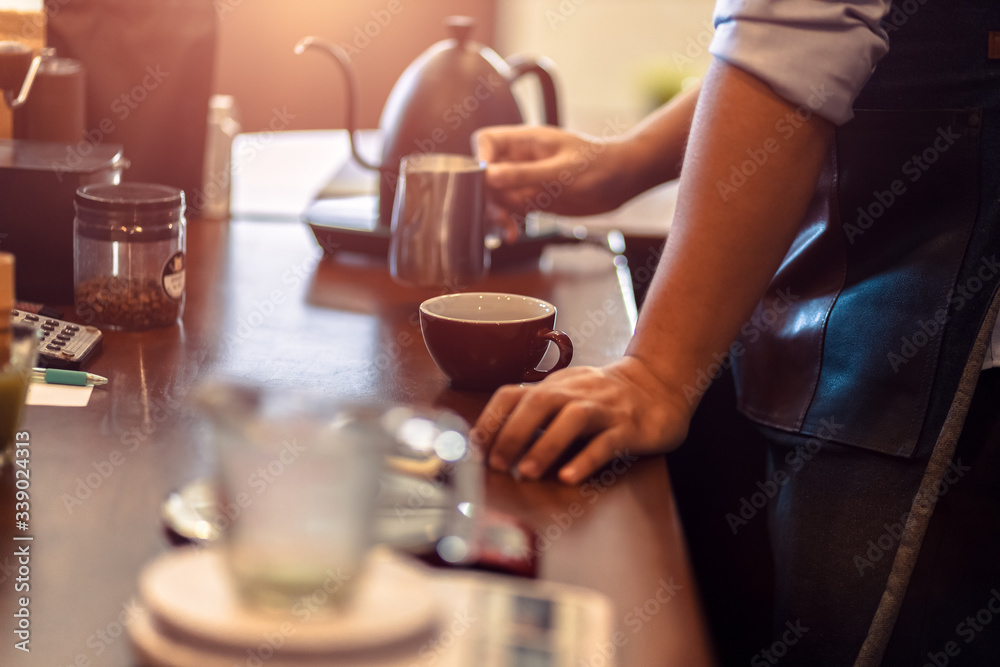 barista making cappuccino. Pouring milk for prepare cup of coffee. Latte art. barista making cappuccino. Pouring milk for prepare cup of coffee. Latte art.