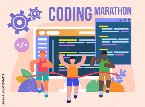 Group of people running, big screen with code on background. Coding marathon or hackathon poster for social media, web page, banner, presentation. Flat design vector illustration