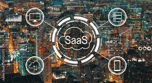 SaaS - software as a service concept with downtown Chicago cityscape skyscrapers