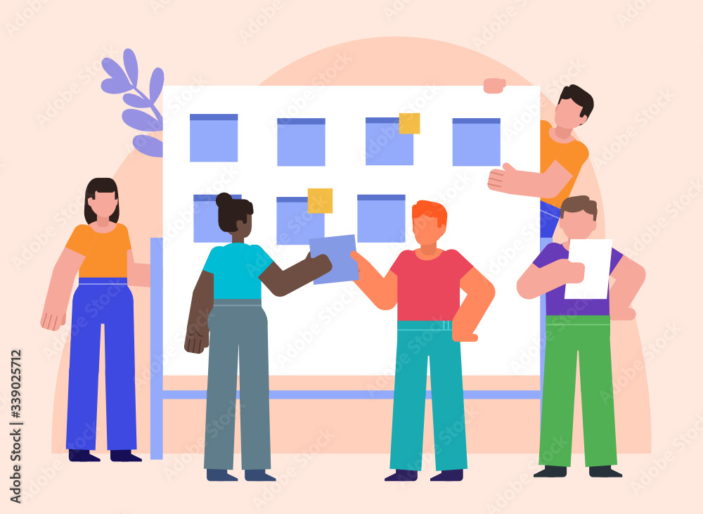 Brainstorming, planning or meeting concept. Group of people stand near whiteboard talking and discussing. Poster for social media, web page, banner, presentation. Flat design vector illustration